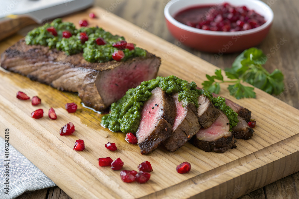 Healthy holiday food concept with kangaroo steak green pesto and pomegranate on a wooden cutting board Healthy holiday food concept with kangaroo steak green pesto and pomegranate on a wooden cutting board