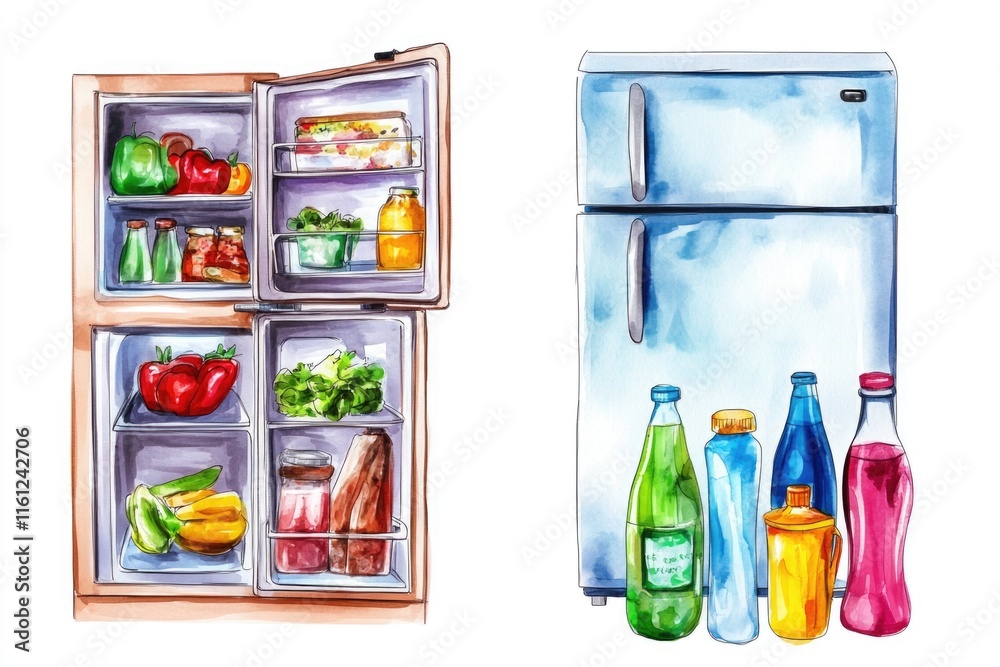 Obraz premium A colorful illustration of a fridge filled with groceries