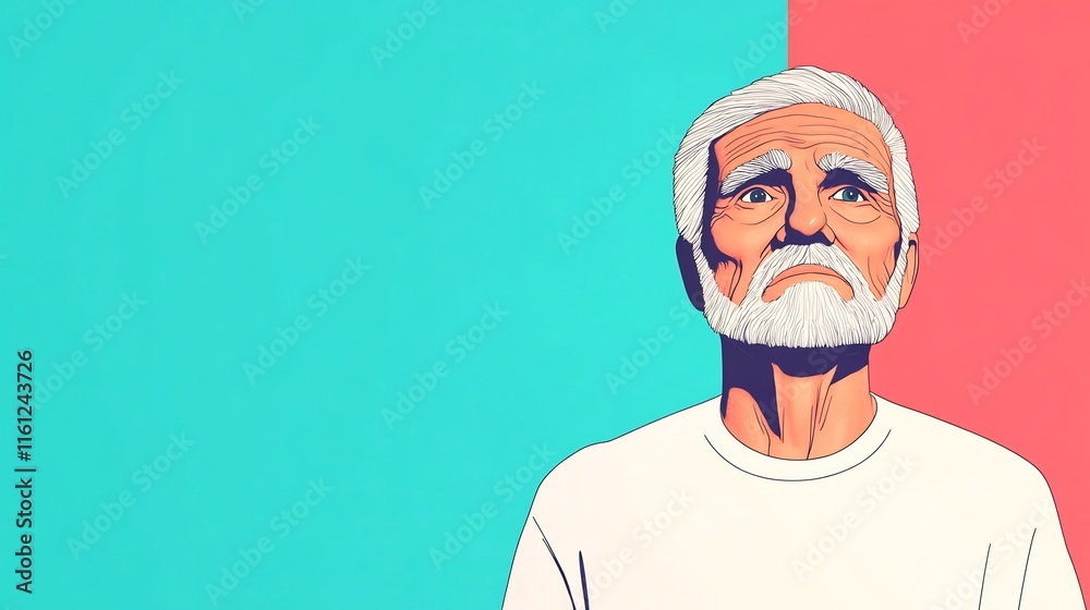 Intriguing Digital Painting: Pensively Gazing Senior Against Bold Teal and Coral Background. AI Generated Intriguing Digital Painting: Pensively Gazing Senior Against Bold Teal and Coral Background. AI Generated