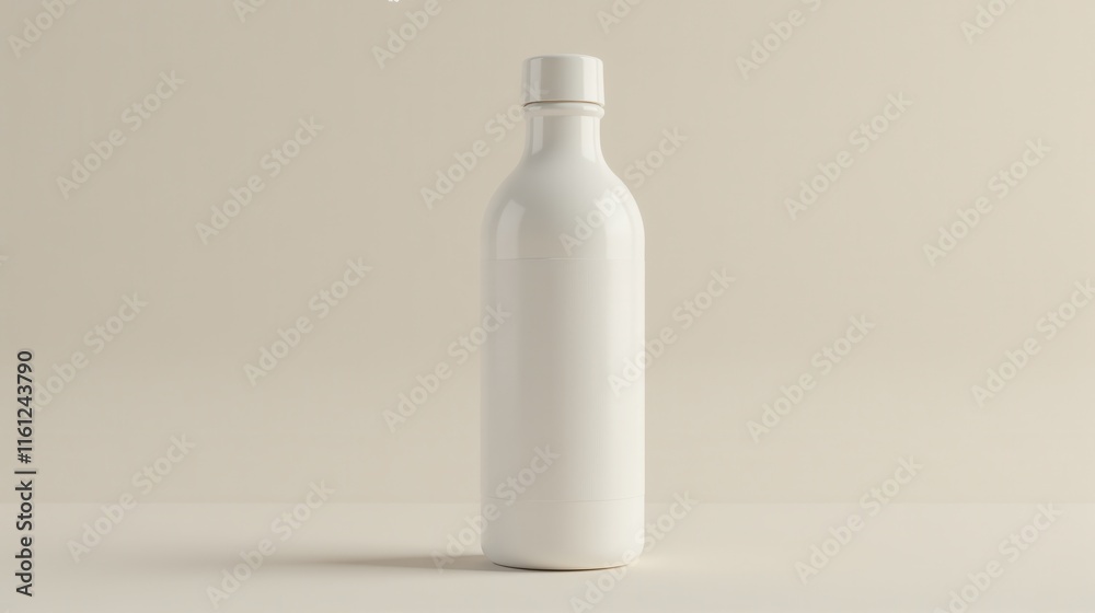 Minimalist beige bottle with a blank white label on a neutral background, ideal for product mockups and branding presentations Minimalist beige bottle with a blank white label on a neutral background, ideal for product mockups and branding presentations