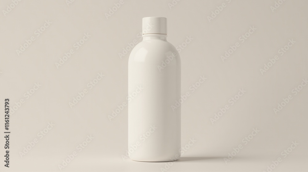 Minimalist beige bottle with a blank white label on a neutral background, ideal for product mockups and branding presentations Minimalist beige bottle with a blank white label on a neutral background, ideal for product mockups and branding presentations
