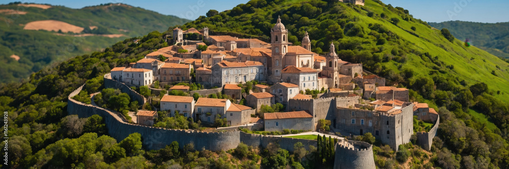 Picturesque portuguese hillside town in surrounded by lush greenery Picturesque portuguese hillside town in surrounded by lush greenery