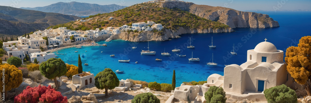 Obraz premium Picturesque Greek island town with bright blue sky