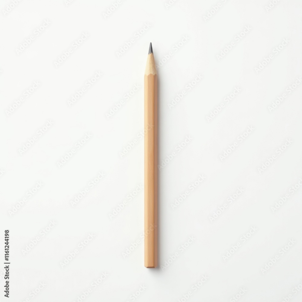 A single, sharpened wooden pencil stands upright against a clean white background. Minimalist stationery image. A single, sharpened wooden pencil stands upright against a clean white background. Minimalist stationery image.