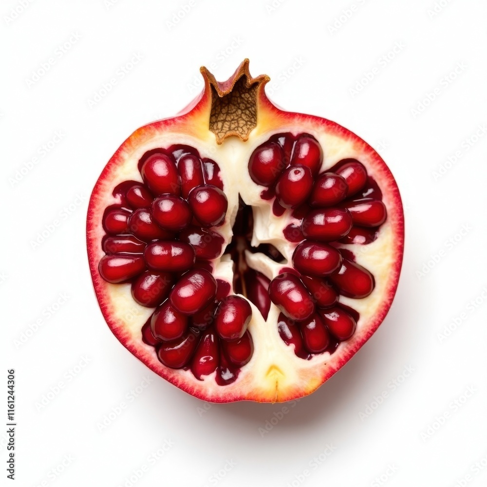 A vibrant half of a pomegranate, showcasing its jewel-toned arils against a stark white background.  The image is bright and fresh, highlighting the fruit's natural beauty.