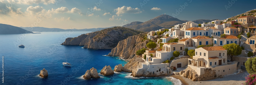 Obraz premium Picturesque Greek island town like Santorini with bright blue sky