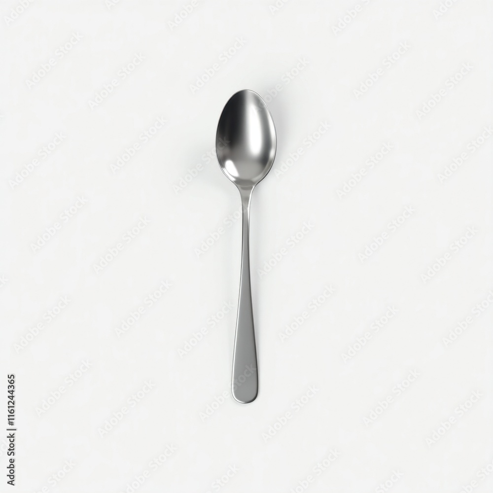 A sleek, silver spoon rests on a pristine white background. Its polished surface reflects light subtly, creating a clean and minimalist aesthetic. A sleek, silver spoon rests on a pristine white background. Its polished surface reflects light subtly, creating a clean and minimalist aesthetic.