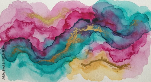 Serene Abstract Watercolor Painting: Teal, Pink, and Gold Swirls 