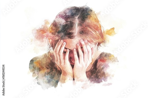 A woman covering her face with her hands, possibly hiding from something or someone