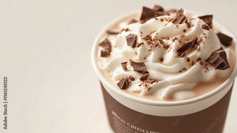 A close-up of a decadent mocha topped with whipped cream and chocolate shavings in an inviting café setting A close-up of a decadent mocha topped with whipped cream and chocolate shavings in an inviting café setting