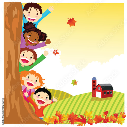 Kids Hiding Behind Autumn Tree