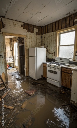 A kitchen in a ruined house flooded with water