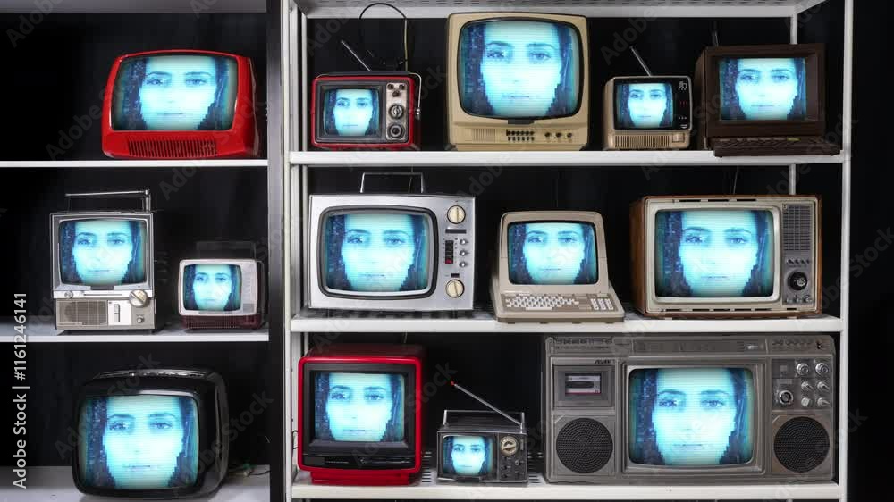television wall with female face glitching television wall with female face glitching