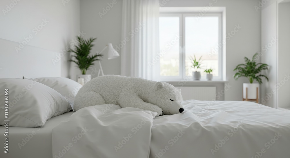Cozy Minimalist Bedroom with Plush Polar Bear: A serene and stylish bedroom with a plush polar bear on the bed, minimalist decor, and natural light streaming in through the window. Cozy Minimalist Bedroom with Plush Polar Bear: A serene and stylish bedroom with a plush polar bear on the bed, minimalist decor, and natural light streaming in through the window.
