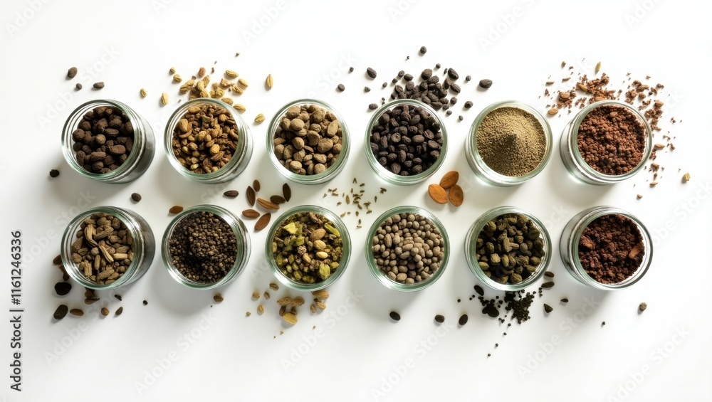 An overhead shot of various seeds and soil components in small glass jars, arranged neatly on a white background. The earthy tones and textures create a visually appealing image. An overhead shot of various seeds and soil components in small glass jars, arranged neatly on a white background. The earthy tones and textures create a visually appealing image.