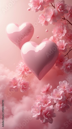 3d pink glossy hearts with flowers on soft pink cloudy background with space for text.  Wallpaper, Valentine's day card, love, romance, heart shaped figures.