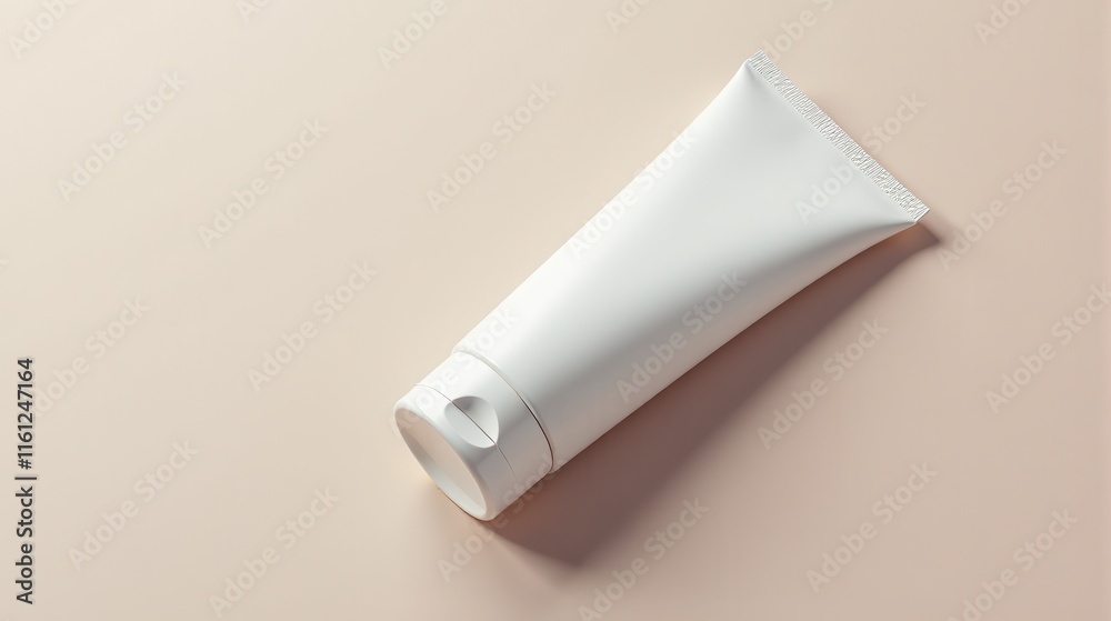 White cosmetic tube laying on a smooth, soft beige background, ideal for product mockups or skincare presentations White cosmetic tube laying on a smooth, soft beige background, ideal for product mockups or skincare presentations