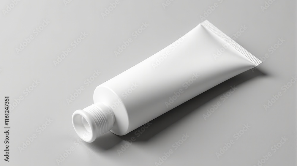 White cosmetic tube laying on a smooth, soft beige background, ideal for product mockups or skincare presentations White cosmetic tube laying on a smooth, soft beige background, ideal for product mockups or skincare presentations