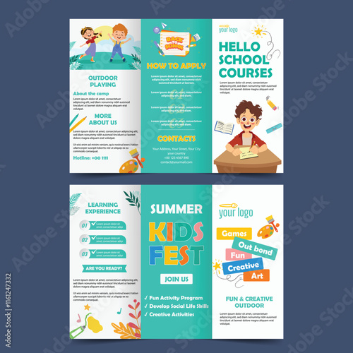 Kids school tri fold brochure template cute schoolchildren cartoon