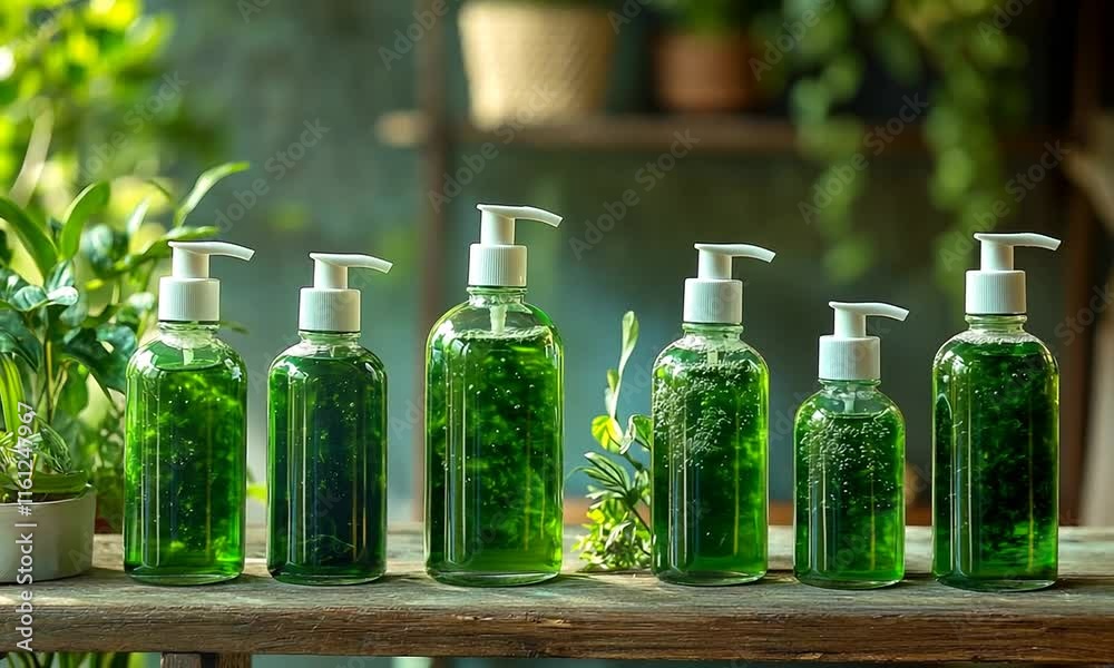 Six Green Herbal Liquid Soap Bottles with Pump Dispensers on Wooden Shelf