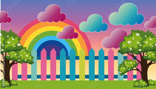Colorful backyard with pastel picket fence, vibrant flowers, lush grass, playful butterflies, sunset sky, and whimsical cartoon style
