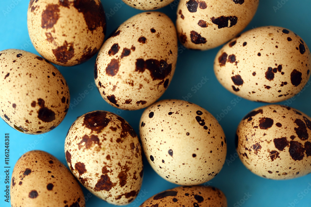 Few amount of quail eggs in small pile on blue background Few amount of quail eggs in small pile on blue background