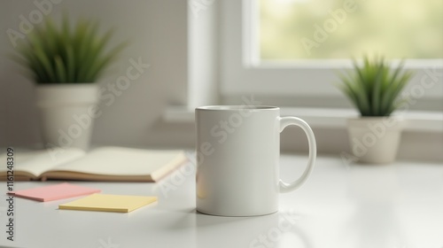 A clean white mug on a bright desk beside a potted plant, eyeglasses, and notepad, radiating a minimalist workspace atmosphere