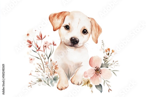 Fototapeta Naklejka Na Ścianę i Meble -  A watercolor illustration of a happy dog surrounded by colorful flowers
