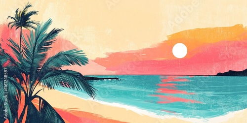 Tropical Beach Sunset Palm Trees Ocean Scene