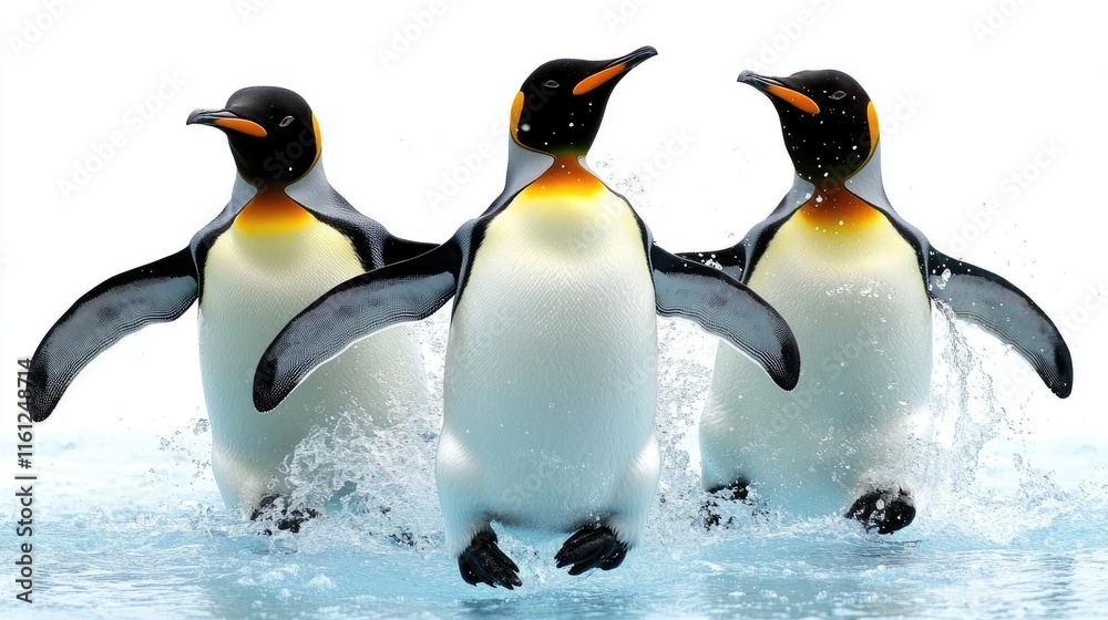 Fototapeta premium Three penguins splashing in water, showcasing their playful nature.