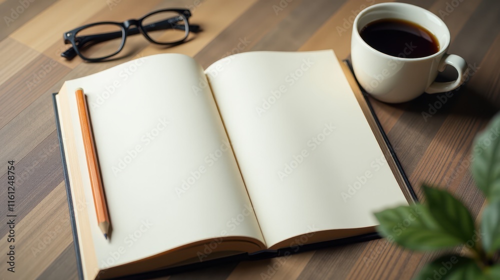 An open notebook with a pencil in the center, alongside a cup of coffee and a pair of glasses, creating a serene workspace setting