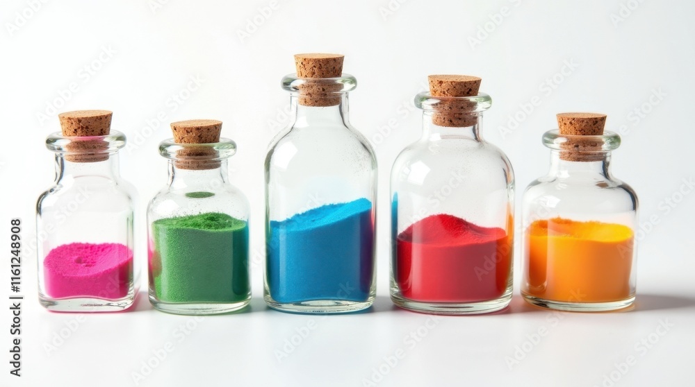 Five small glass jars with cork tops contain vibrant colored sand. The jars are arranged in a row against a white background, showcasing a spectrum of hues. Five small glass jars with cork tops contain vibrant colored sand. The jars are arranged in a row against a white background, showcasing a spectrum of hues.