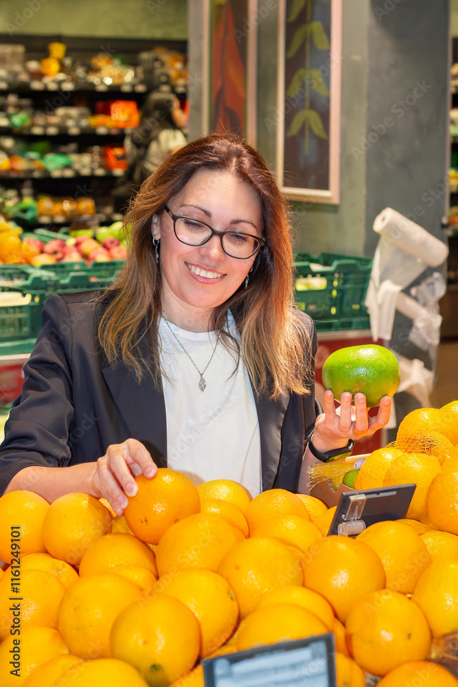 A woman in her 30s-40s selects fresh fruits and vegetables in a supermarket. The photo emphasizes organic food, healthy eating, vegan lifestyle, sustainable living, and mindful nutrition choices. A woman in her 30s-40s selects fresh fruits and vegetables in a supermarket. The photo emphasizes organic food, healthy eating, vegan lifestyle, sustainable living, and mindful nutrition choices.
