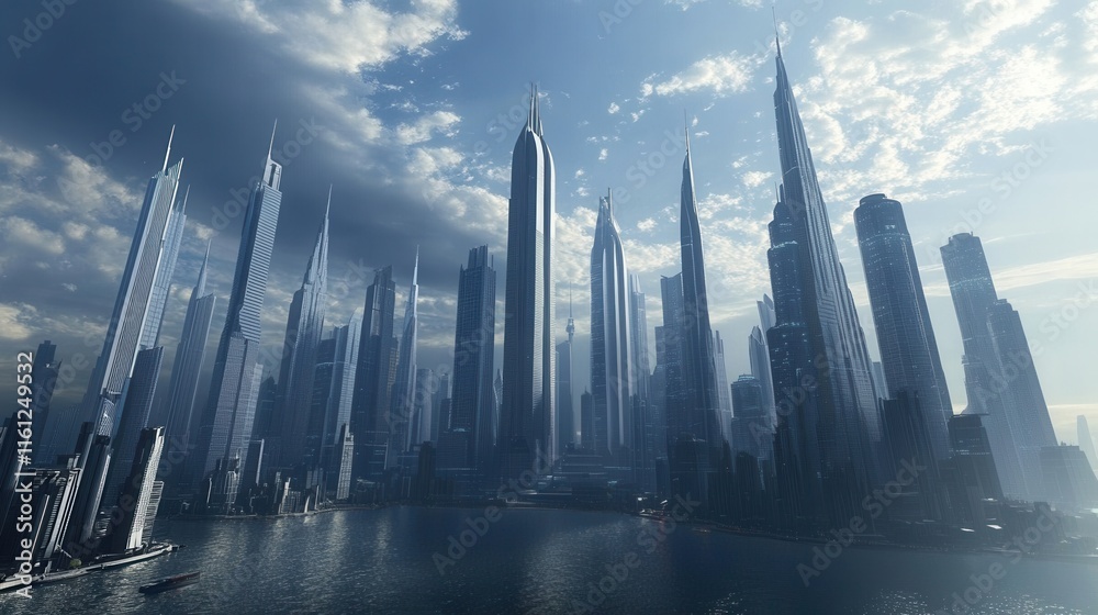Fototapeta premium Futuristic Urban Skyline with Tall Buildings Under Dramatic Clouds