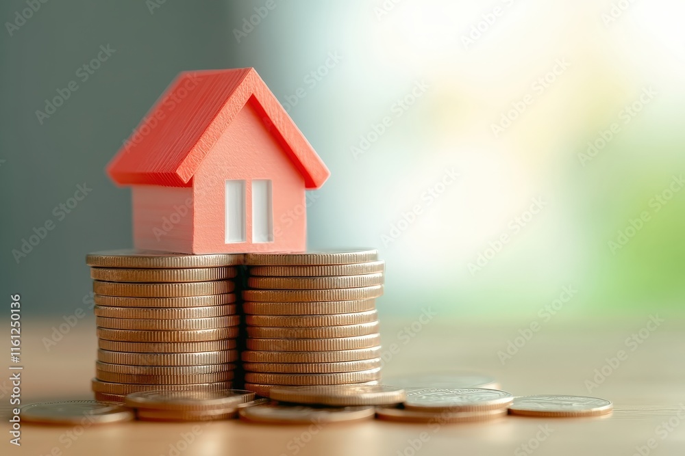 Pink House Model On Stacked Coins Representing Real Estate Investment Pink House Model On Stacked Coins Representing Real Estate Investment