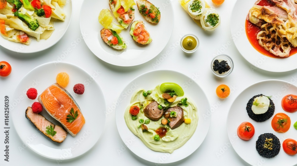 A white table covered with various plates of food, perfect for a meal or event A white table covered with various plates of food, perfect for a meal or event
