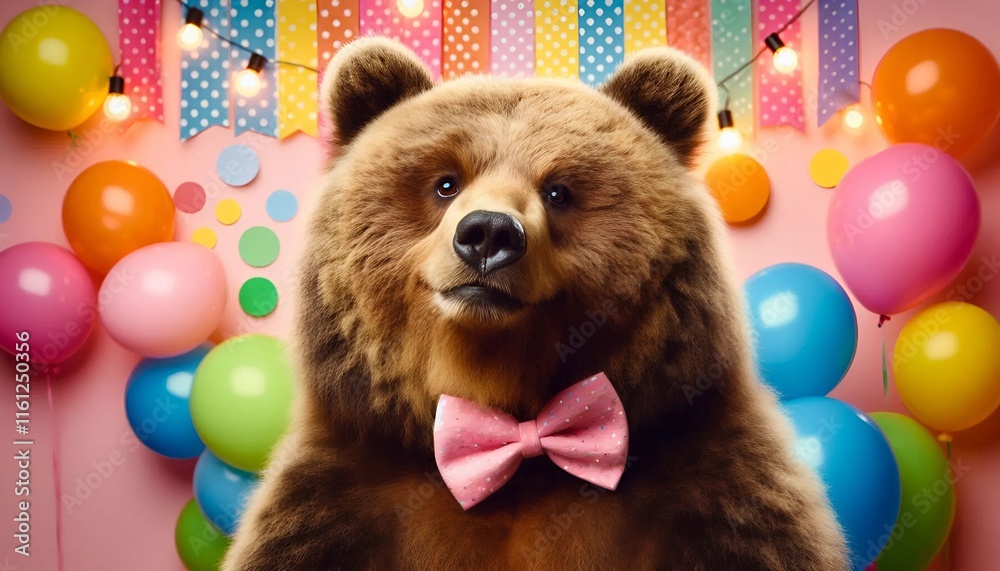 Grizzly qui fait la fête avec nœud papillon et fond multicolor Grizzly qui fait la fête avec nœud papillon et fond multicolor