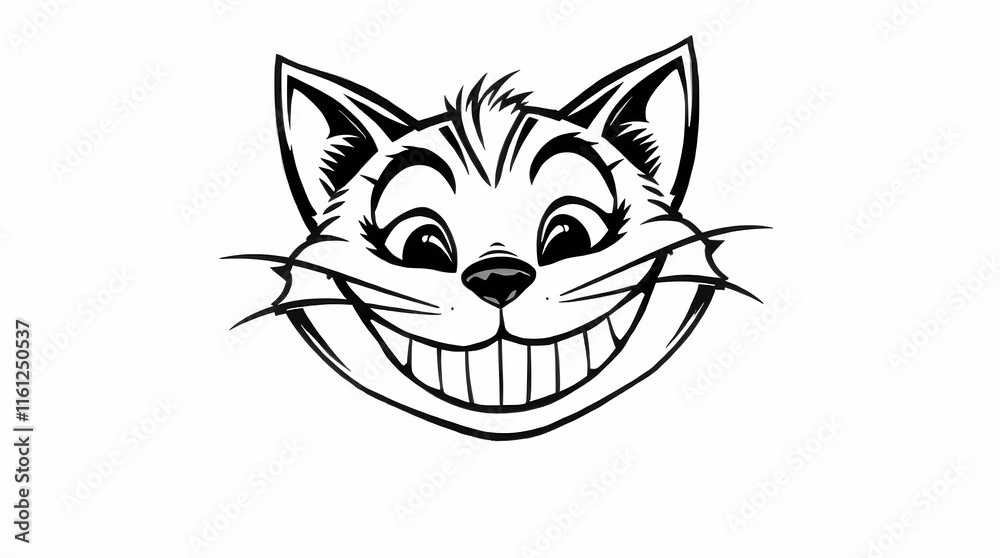 Obraz premium Smiling cartoon cat face illustration in black and white.
