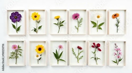 Twelve delicate pressed flowers, each a vibrant jewel, are artfully arranged in simple white frames against a clean white background. A stunning display of floral artistry.