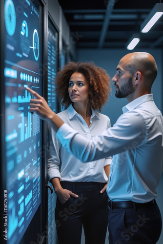 Data Analysis Duo:  A focused team of IT professionals collaborates, reviewing data on a large interactive screen in a modern server room.