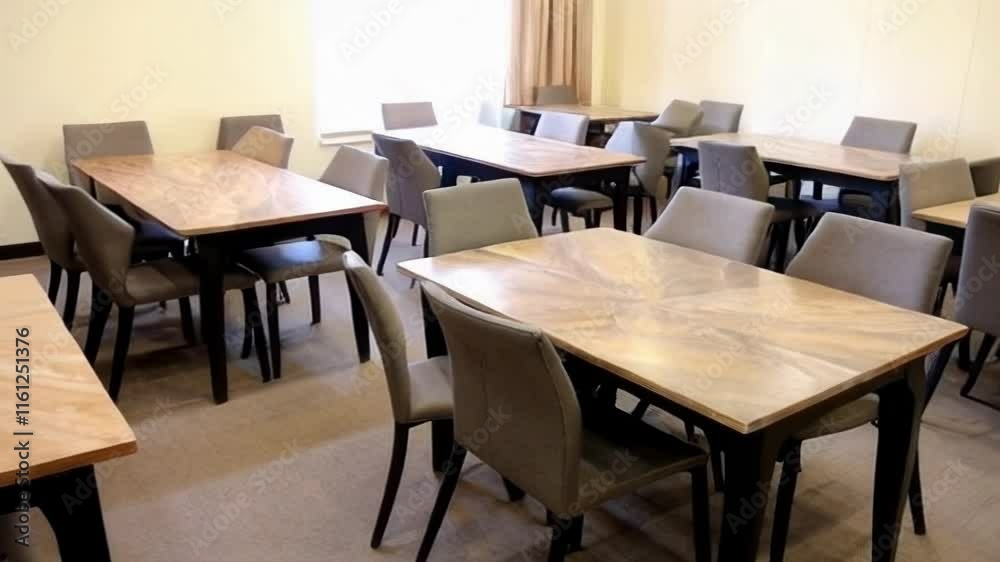 A spacious dining area featuring empty tables and chairs, designed with a modern aesthetic to create a comfortable atmosphere. A spacious dining area featuring empty tables and chairs, designed with a modern aesthetic to create a comfortable atmosphere.