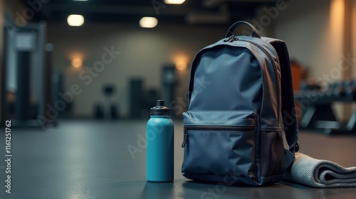 Gray and orange gym backpack with a towel and water bottle placed on a clean gym floor, ready for a workout session