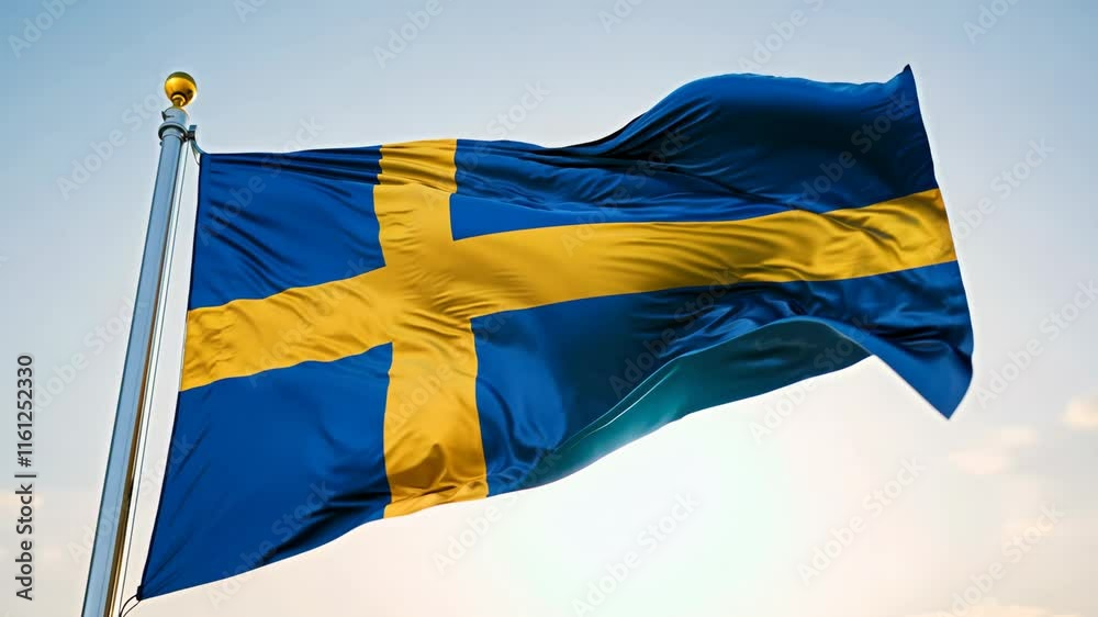 The Swedish flag flutters gracefully in natural light with vibrant blue and gold colors