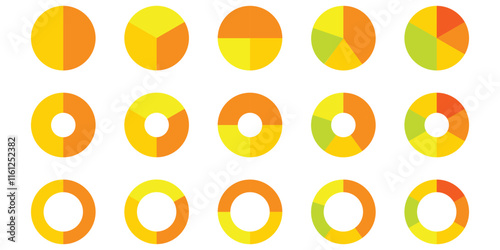 Circle pie chart icons. Pie charts diagram. Colorful diagram. Set of different color circles isolated. Pie chart for data analysis, business presentation, UI, web design.