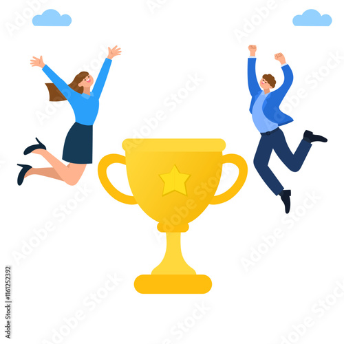 team celebrating success with golden trophy and joyful jumping flat vector illustration