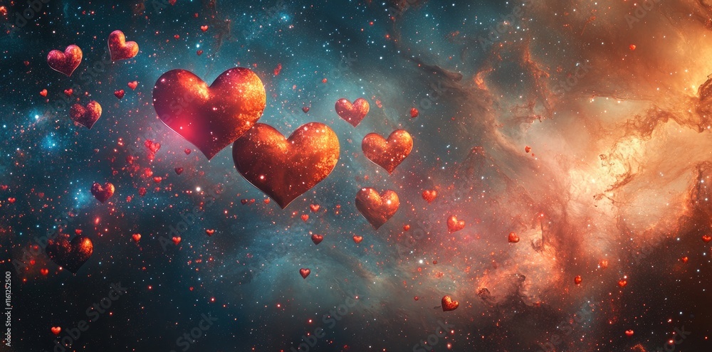 Red Hearts Floating in a Cosmic Nebula Red Hearts Floating in a Cosmic Nebula