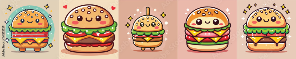 PrintCollection of vector illustrations of smiling burgers PrintCollection of vector illustrations of smiling burgers