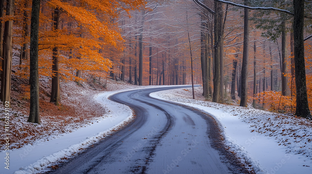 Winding road through a forest with autumn leaves and snow on the ground
Winding road through a forest with autumn leaves and snow on the ground
