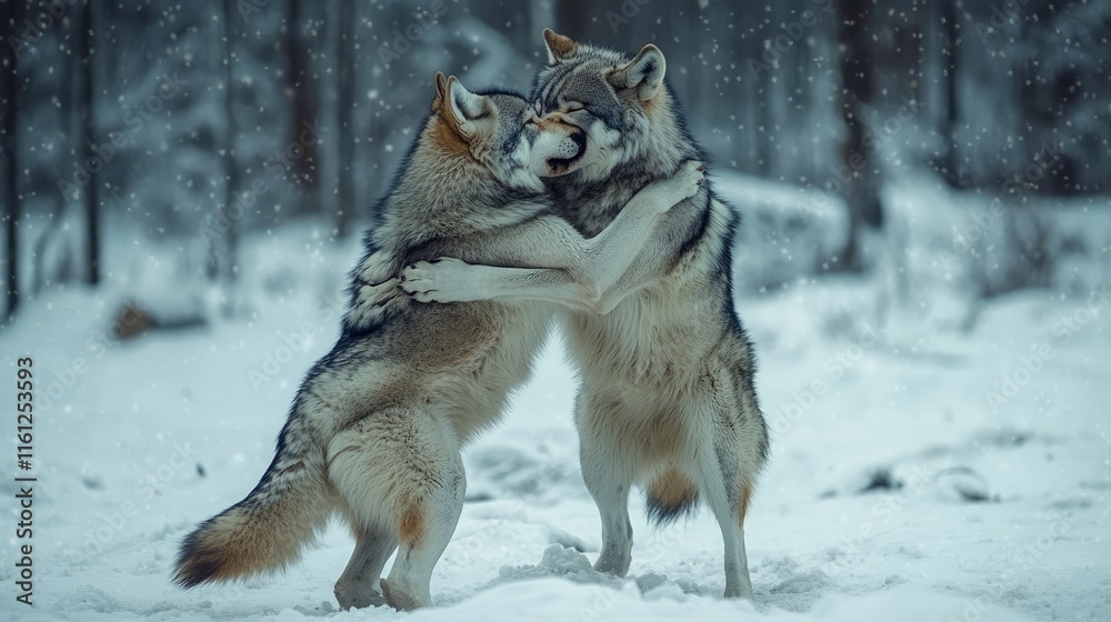Two wolves playfully interacting in a snowy forest setting. Two wolves playfully interacting in a snowy forest setting.