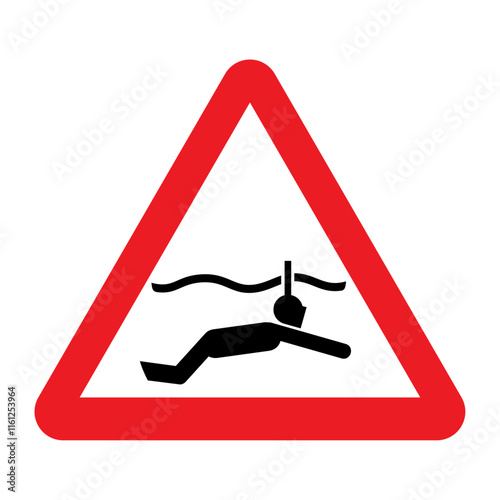 Snorkeling area warning sign. Diving zone symbol. Vector illustration of red triangle sign with snorkeling man icon inside. Caution symbol isolated on background.